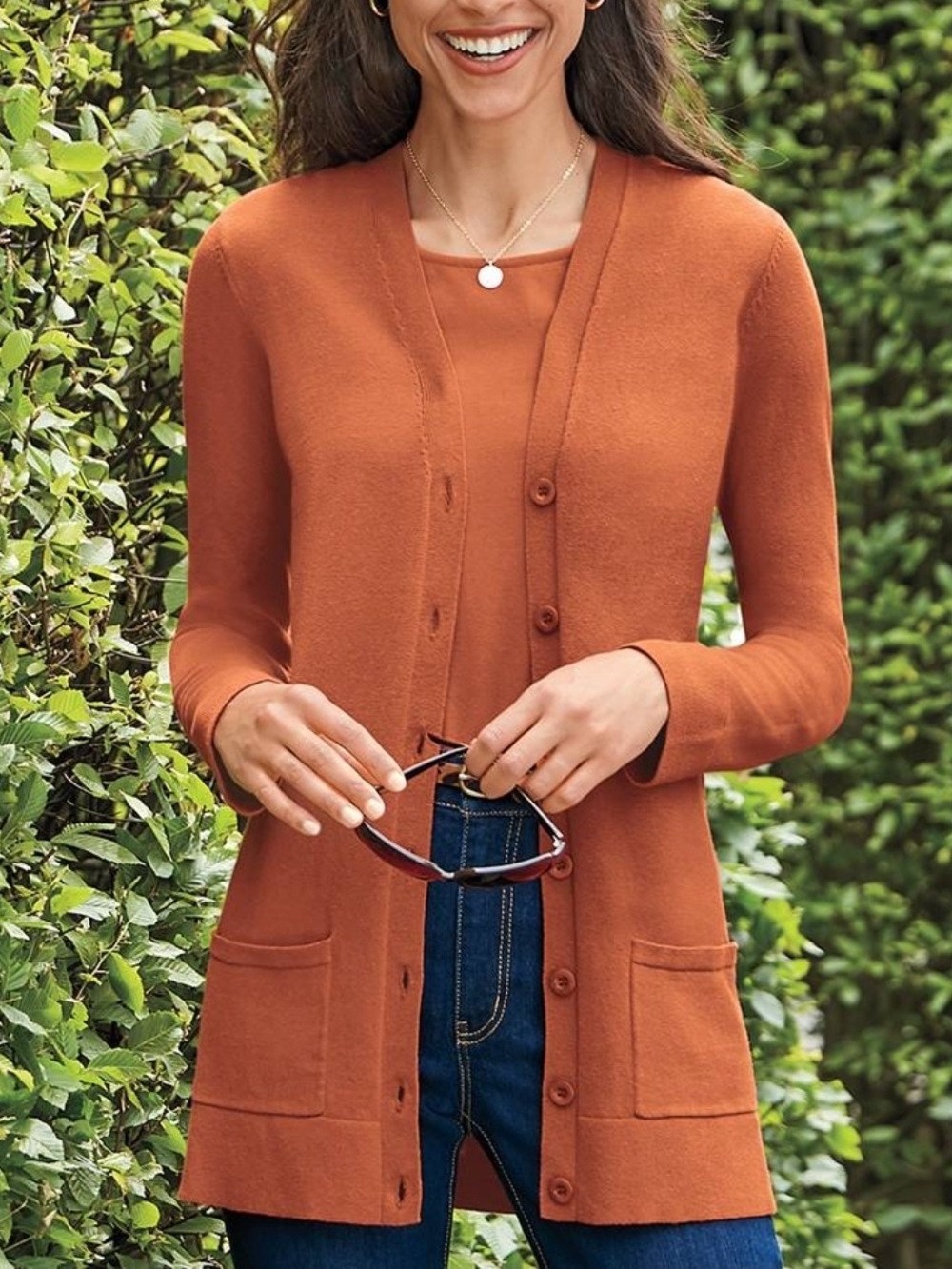 Chadwicks Long Button-Front Cardigan in Rust